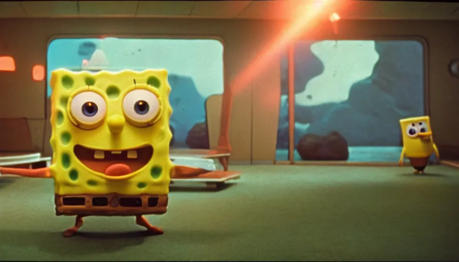 Image similar to 1 9 6 0 s movie still of spongebob, 2 0 0 1 a space odyssey, cinestill 8 0 0 t 3 5 mm, high quality, heavy grain, high detail, panoramic, cinematic composition, dramatic light, ultra wide lens, anamorphic, flares