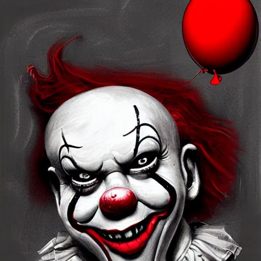 Image similar to surrealism grunge cartoon portrait sketch of pennywise with a wide smile and a red balloon by - michael karcz, loony toons style, pennywise style, horror theme, detailed, elegant, intricate