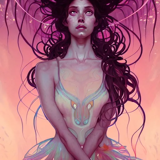 Prompt: Portrait of a girl underwater surrounded by jellyfish, face, fantasy, intricate, elegant, highly detailed, digital painting, artstation, concept art, smooth, sharp focus, illustration, art by Fernanda Suarez and Artem Demura and alphonse mucha