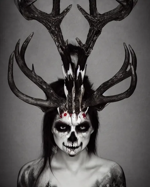 Image similar to deer - skull sisters ghost - spirit of the grim - warpaint wears the scarlet skull armor and native blood headdress antlers, midnight fog - mist!, cinematic lighting, various refining methods, micro macro autofocus, ultra definition, award winning photo, photograph by ghostwave - gammell - giger - shadowlord