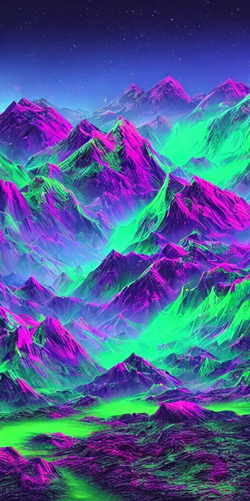 Prompt: a beautiful neon alien landscape, mountains