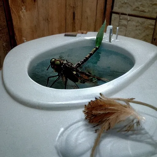 Image similar to dragonfly in a bathtub in the alps, goat!!!!! in background