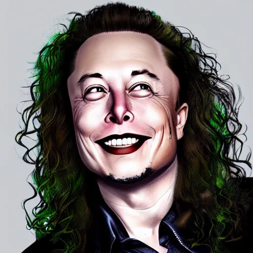 Prompt: elon musk as joker, long green curly hair, 8 k, highly detailed face