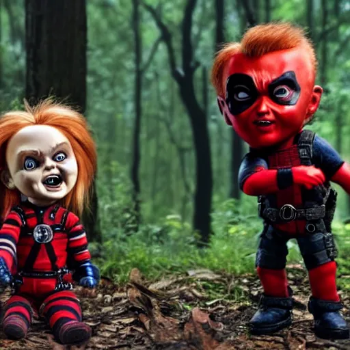 Image similar to chucky the doll and deadpool in the woods together 4 k detailed super realistic