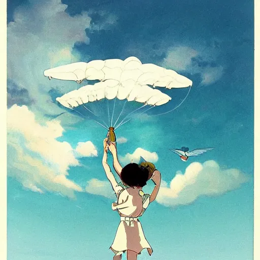 Image similar to A girl flying with a bird-shaped white glider over the clowds, Nausicaa of the Valley of the Wind, Miyazaki Hayao, ghibli style