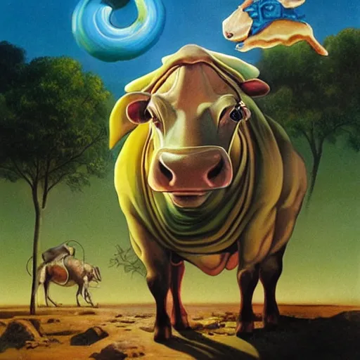 Prompt: a cow with turtle costume, surrealism, painting by boris vallejo and michael whelan