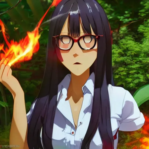 Image similar to nagatoro using white and red tight raglan sleeves, tight blue jeans and cool shoes in a tropical forest, epic fire ombre hair, artstation, 3 d ray tracing, lumen octane render flawless masterpiece