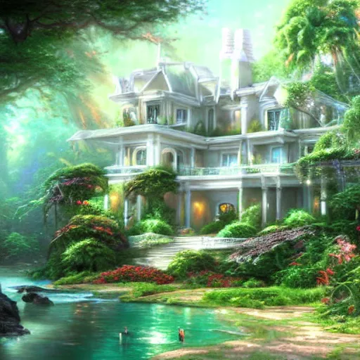 Prompt: a futuristic beautiful white mansion in the jungle, realistic, concept art, digital art, well detailed, 8k, by Thomas Kinkade