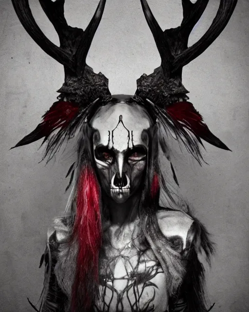 Image similar to deer - skull sisters ghost - spirit of the grim - warpaint wears the scarlet skull armor and native blood headdress antlers, midnight fog - mist!, cinematic lighting, various refining methods, micro macro autofocus, ultra definition, award winning photo, photograph by ghostwave - gammell - giger - shadowlord