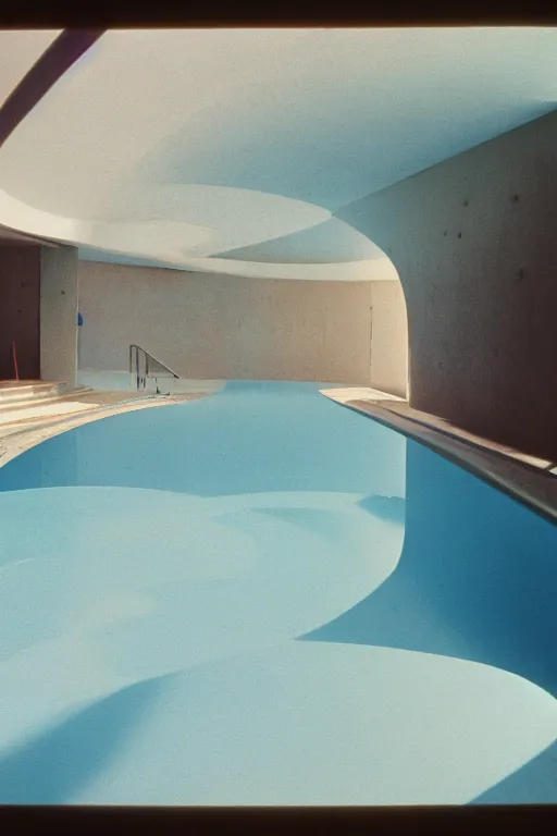 Prompt: non euclidean tiled curving swimming pool tunnels into infinity, 1 9 6 0 s, color bleed, ektachrome photograph, volumetric lighting, f 8 aperture, cinematic eastman 5 3 8 4 film stanley kubrick