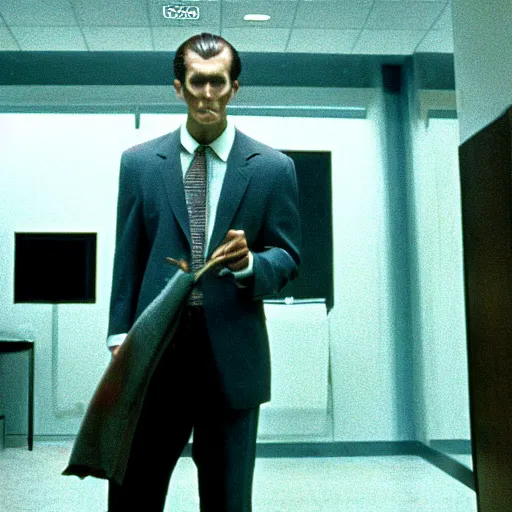 Image similar to Anthromorphic dragon man in the American Psycho (2000), doing the Bateman stare, cinematic still, 4K Bluray