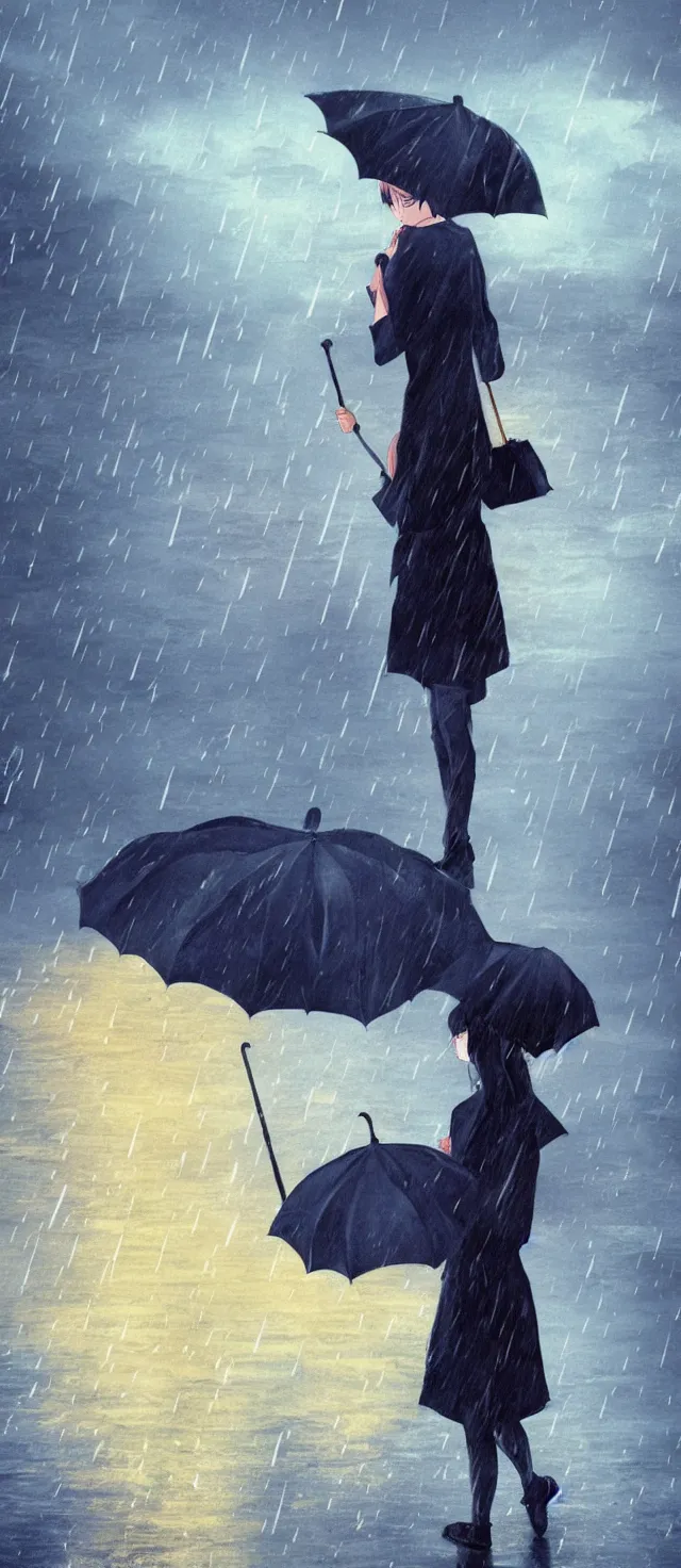 Image similar to girl with umbrella on the wet road, rain, thunder, fog, anime style