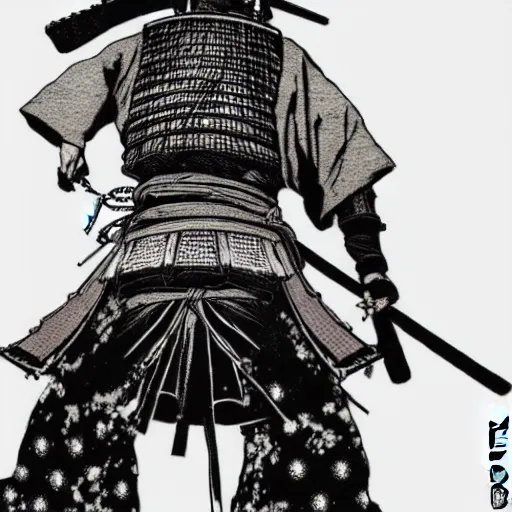 Image similar to A PORTRAIT FROM BEHIND OF A SAMURAI MAN VAGABOND WITH A MOON BEHIND HIM ,THE SAMURAI IS WRAPPED IN CHAINS ,detailed, concept art, ink style , sketch