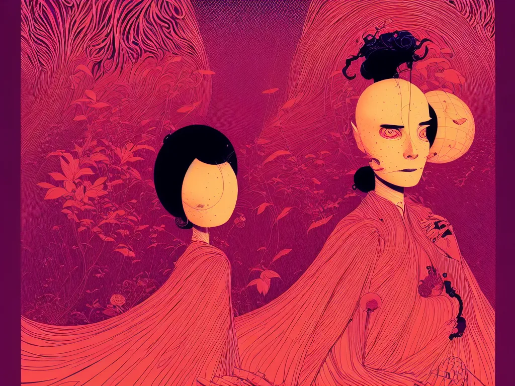 Prompt: beautiful woman by balmy enso, jamie hewlett, nicolas delort, moebius, victo ngai, josan gonzalez, kilian eng