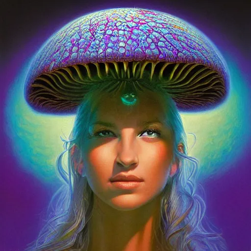 Prompt: perfectly centered portrait, front view of a beautiful fractal mushroom goddess, female, flowing hair, intense stare, sweet smile, symmetrical, concept art, intricate detail, volumetric shadows and lighting, psychedelic colors, realistic oil painting by tim hildebrandt