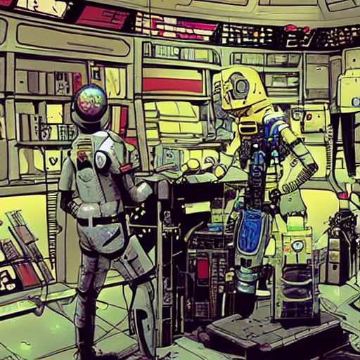 Image similar to a space merchant in their shop, cyberpunk, sci-fi, in the style of Ashley Wood and Moebius