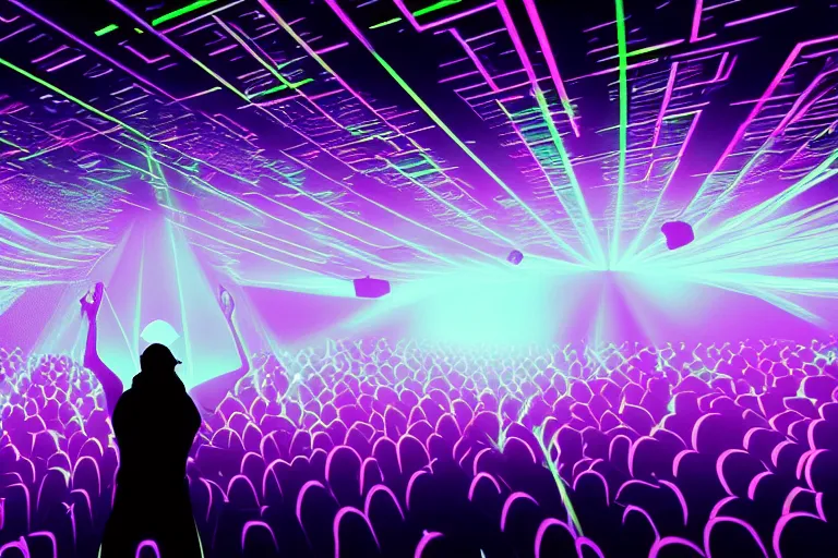 Image similar to beautiful digital art of a dj on stage spinning records with headphones looking over crowd dancing at a club by moebius, silhouette, volumetric lighting, haze, moving heads light beams, spot lights, disco ball, trending on artstation, 4k, unreal engine, intricate, ornate