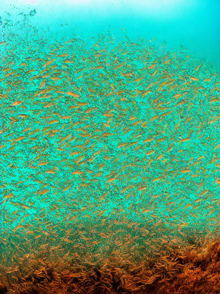 Image similar to Underwater photograph of a school of minnows swimming in sandy shallows. 8k high resolution.