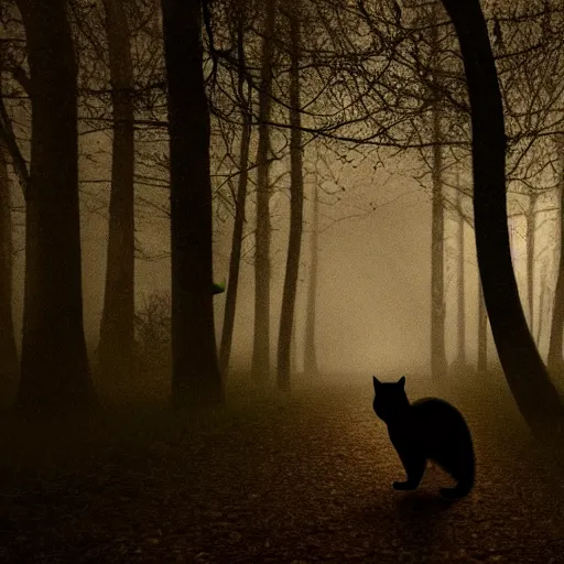 Image similar to a cat walks alone through the woods at night, gloomy, dark, foggy, night, ominous, dark color, atmospheric, cinematic lighting, intricate detail?