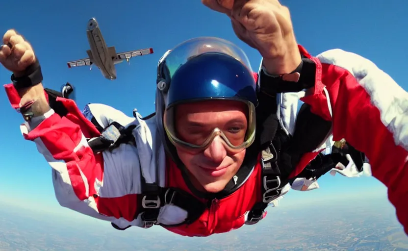 Prompt: close up on a skydiver flexing muscles. plane in the background 8 0'sstyle