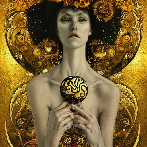 Image similar to Memento Mori by Karol Bak, Jean Deville, Gustav Klimt, and Vincent Van Gogh, beautiful visionary mystical portrait, otherworldly, fractal structures, ornate gilded medieval icon, third eye, spirals, ornate Neo-Gothic architecture