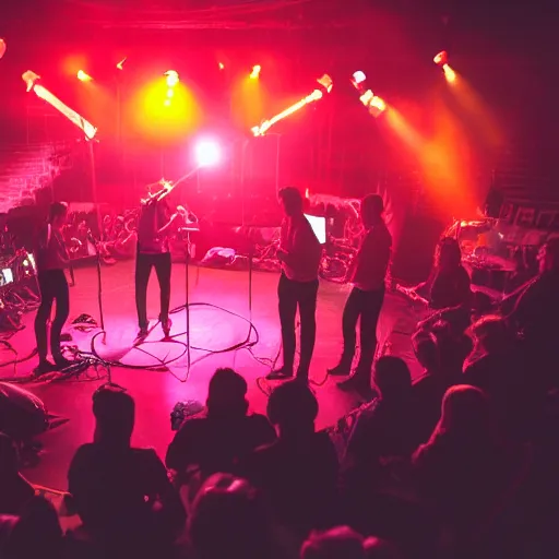 Prompt: 6 people sitting in circle, a fire in the middle in the floor of a small stage of a band, drummer is there behind them. red neon lights good mood, nice ambience singing