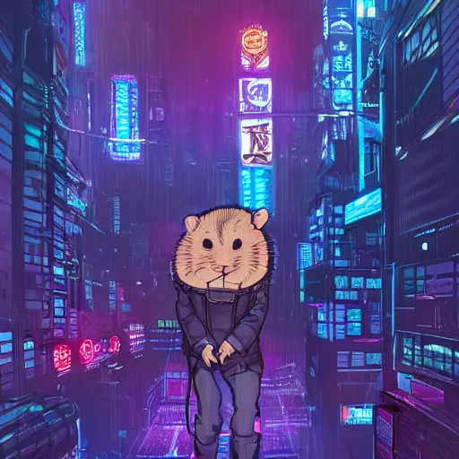 Image similar to high detailed humanized hamster in a cyberpunk rainy city at night by josan gonzalez, purple and blue neons, unreal engine, high quality, 4 k, uhd, trending on artstation, wires, blade runner vibes, ghost in the shell, akira, dorohedoro