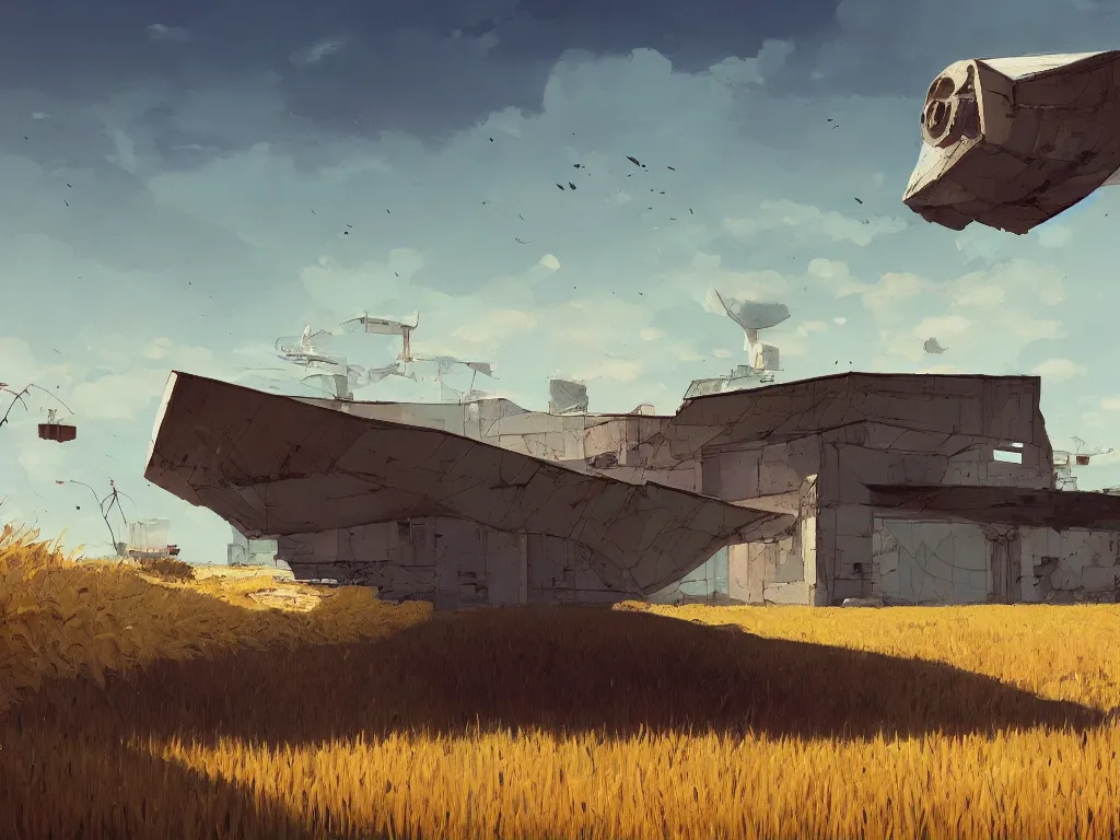 Prompt: A fantastic painting of a dilapidated post-modern building on a wheat field with an abandoned spaceship parked on the roof of the building, by Atey Ghailan, Trending on artstation, very detailed