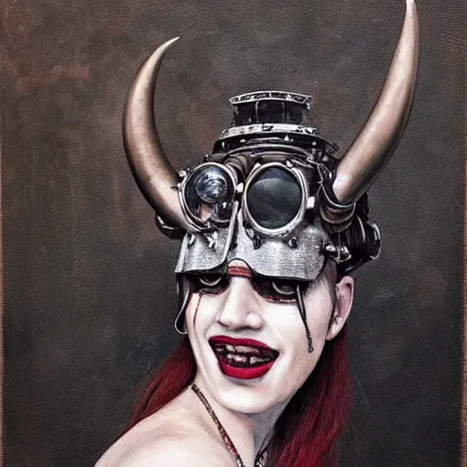 Image similar to a hyperrealistic portrait painting of a beautiful woman with demonic horns wearing steampunk goggles, black lipstick, evil smile, by santiago caruso, highly detailed,