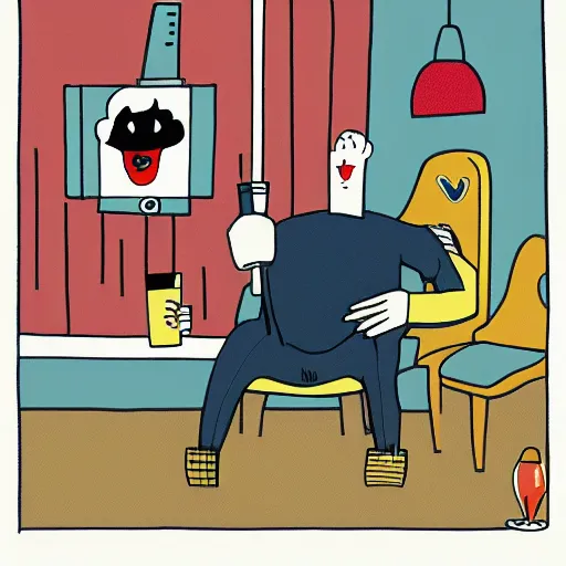 Image similar to illustration of the greek god eros who is a clown, has hurt his knee and sitting in a chair and is watching the game on tv with a beer in hand, by chris ware