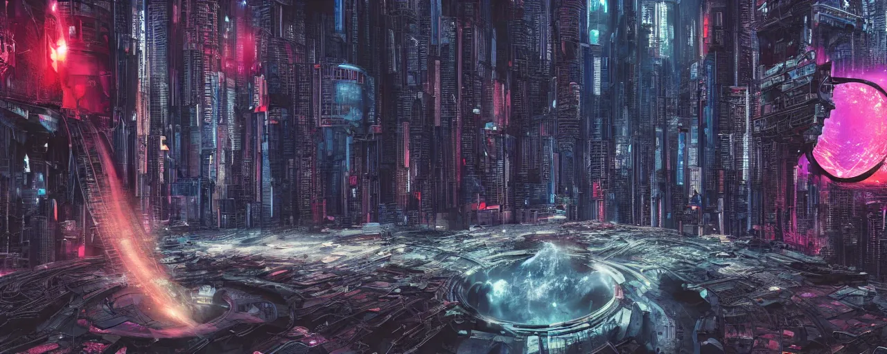 Prompt: ühoto of a black hole is destroying a gothic cyberpunk City