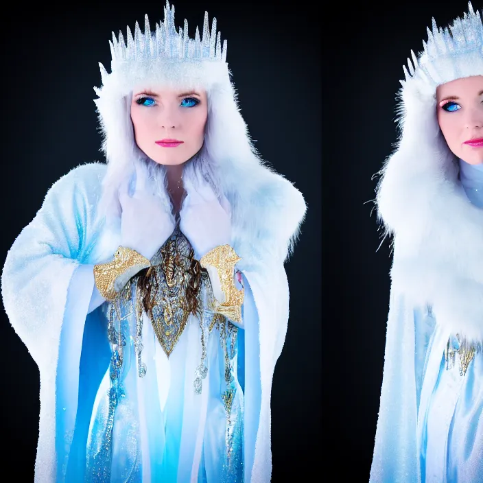 Prompt: professional photograph of a real - life ice queen with ornate robes. extremely detailed. dslr. 8 0 0 mm. 8 k