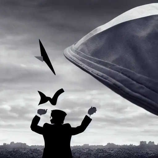 Image similar to mysterious donald trump in black suit and black hat, he has a paper aeroplane!!, mysterious, 4 k, highly detailed, digital art, strong shadows, high contrast, epic scene, atmospheric, blue colours, award winning photo