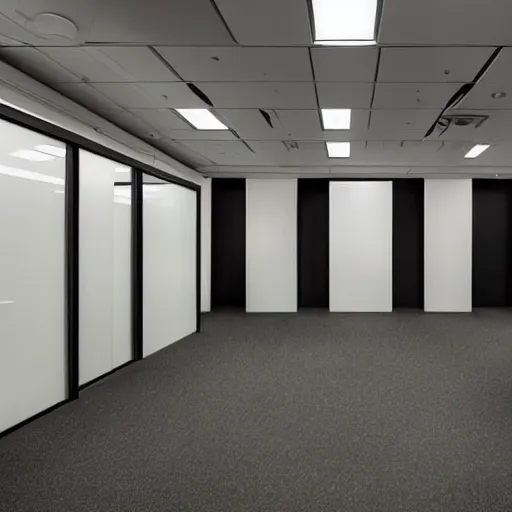 Image similar to the backrooms : an endless maze of randomly generated office rooms and other environments. it is characterized by the smell of moist carpet, walls with a monochromatic tone of dirty off - white, 1 9 8 0's style carpeted walls and buzzing fluorescent lights