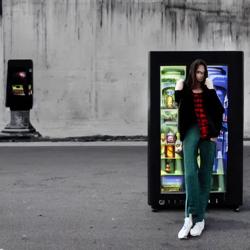 Image similar to a model wearing street fashion stands in a vast empty landscape next to a drinks vending machine