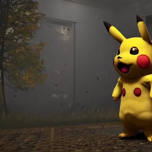 Prompt: 3 d modeled 3 d rendering with specular pbr material of realistic pikachu as a playable character in the videogame dead by daylight, pc gpu fov settings, videogame screenshot of mori animation, dark lighting and heavy fog, playstation 2 graphics