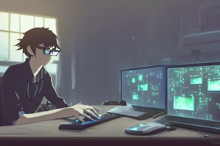 Image similar to a nerdy caracal is programming at a computer in a room full of gadgets, by makoto shinkai and ghibli studio, dramatic lighting, highly detailed, incredible quality, trending on artstation