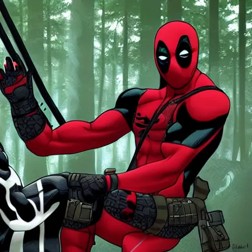 Prompt: deadpool and venom in the woods playing digital art 4 k detailed