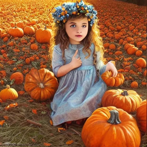 Prompt: a cute little girl with light brown wavy curly hair and blue eyes sitting amidst piles of pumpkins. beautiful cute highly detailed face. she is wearing an autumn leaf and flower crown. autumn and fall and halloween themed painting by artgerm and greg rutkowski and alphonse mucha.