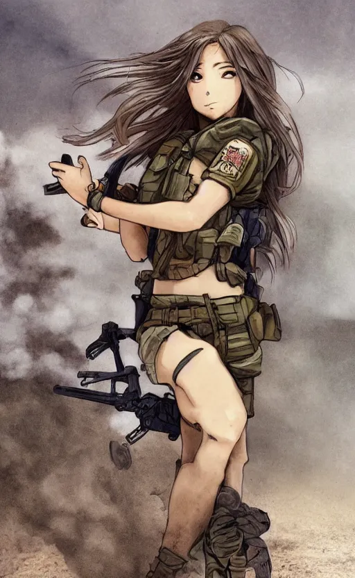 Image similar to soldier girl running in smoke and dirt, trading card front, anime style, long hair, hair down, symmetrical facial features, symmetrical body features, from girls frontline, hyper realistic, pale skin, 4k, rule of thirds, extreme detail, detailed drawing, trending artstation, hd, fantasy, D&D, realistic lighting, by Alphonse Mucha, Greg Rutkowski, sharp focus, backlit, soldier clothing