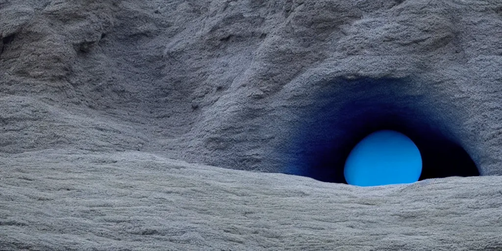 Image similar to a strange huge translucent pvc inflated organic architecture building with blue fluffy fur inside by anish kapoor sits in the rock mountains, film still from the movie directed by denis villeneuve with art direction by zdzisław beksinski, close up, telephoto lens, shallow depth of field