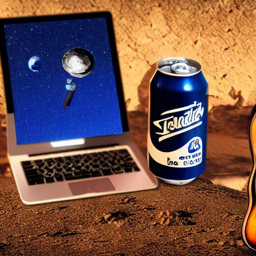 Image similar to a photo of a detailed, realistic, regular sized, sitting idle fender electric guitar next to a sitting idle beer can with an astronaut sitting down on the moon surface. detailed photo. realistic photo. cinematic. cinematic shot