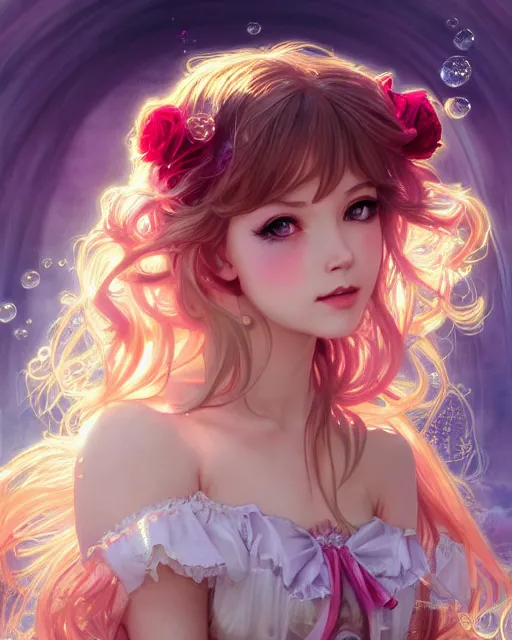 Image similar to portrait of magical lolita girl, dreamy and ethereal, expressive pose, big gold eyes, exciting expression, fantasy, intricate, elegant, many rainbow bubbles, rose tones, highly detailed, anime, artstation, concept art, cyberpunk wearing, smooth, sharp focus, illustration, art by artgerm and greg rutkowskiand alphonse mucha