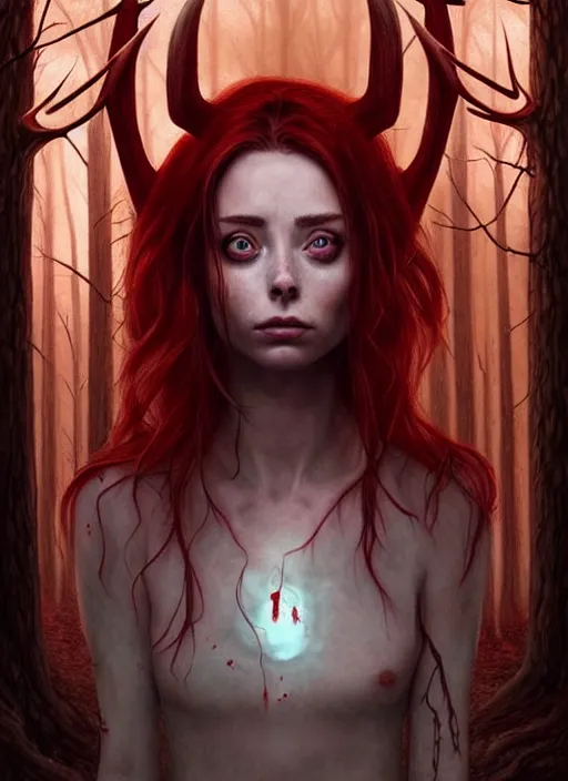 Image similar to surrounded by trees, realistic character concept, gorgeous Kacey Rohl, red hair, small freckles, Wendigo antlers, symmetrical face, symmetrical eyes, full body, covered in blood, dark forest, trees, shorter neck, cinematic lighting, Joshua Middleton and artgerm, fear anxiety terror