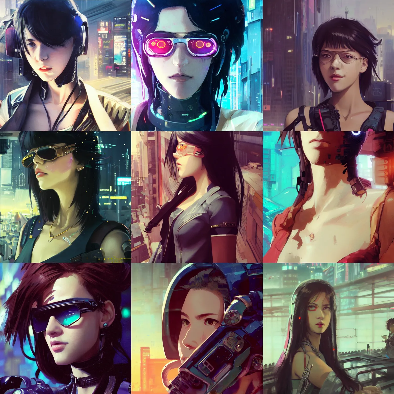 Prompt: a film still of a cyberpunk girl with a smirk, finely detailed features, aviators, closeup at the faces, dramatic cinematic, at cyberpunk city, gapmoe yandere grimdark, trending on pixiv fanbox, painted by greg rutkowski makoto shinkai takashi takeuchi craig mullins, alphonse mucha, studio ghibli, pixiv
