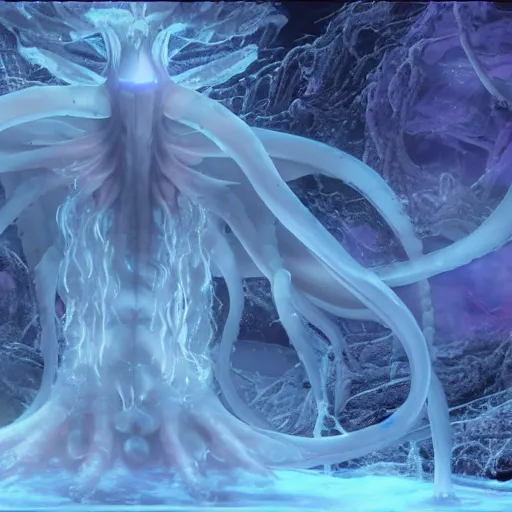 Prompt: screenshot of end game boss that is a chained ethereal ghostly wraith like figure with a squid like parasite latched onto its transparent skull and long tentacle arms that flow lazily but gracefully at its sides like a cloak while it floats around a frozen rocky tundra in the snow searching for lost souls and that hides amongst the frozen underbrush, this character has hydrokinesis and electrokinesis for the resident evil village video game franchise with inspiration from the franchise Bloodborne