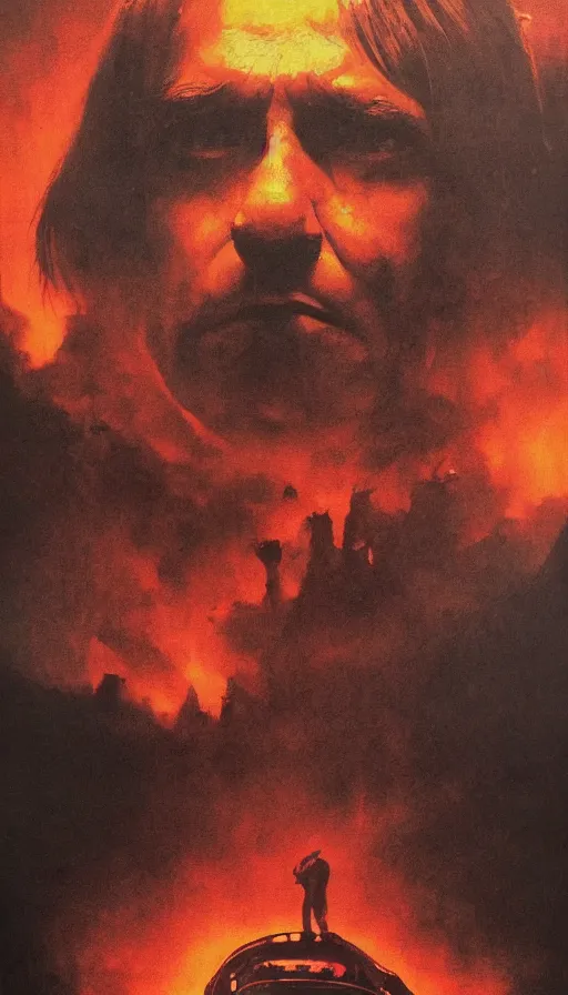 Prompt: anton chigurh's face close up on the apocalypse now poster, red sunset, snake river in the jungle, black helicopters, air brush, oil paint, radiant light, caustics, heroic, bright iridescent light, by gaston bussiere, by bayard wu, by greg rutkowski, by maxim verehin