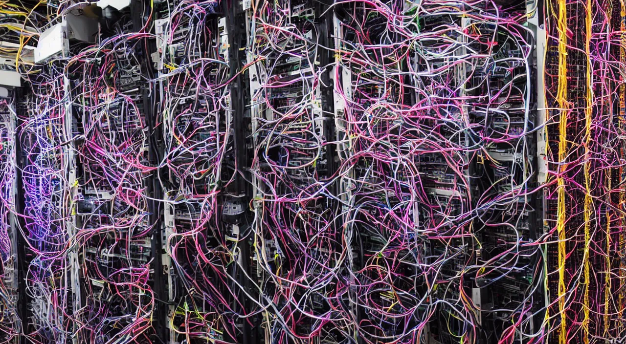 Image similar to broken corrupted server rack computer crypto mining data center servers equipment red, magenta, orange, yellow, pink, purple color coded wires and cables, blinking led status lights and indicators, chaotic 5 5 mm photography detailed footage