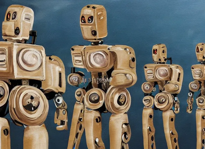 Prompt: very detailed painting humanoid robot army propaganda dictator convincing other robots of overthrowing humans