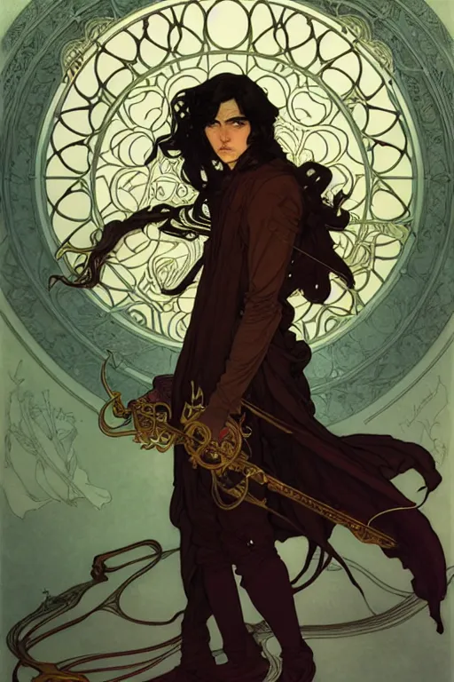 Prompt: thin young male alchemist, long dark hair, art nouveau, fantasy, highly detailed, intricate, smooth, art by joseph leyendecker, peter mohrbacher, ruan jia, marc simonetti, ayami kojima, cedric peyravernay, alphonse mucha, victo ngai